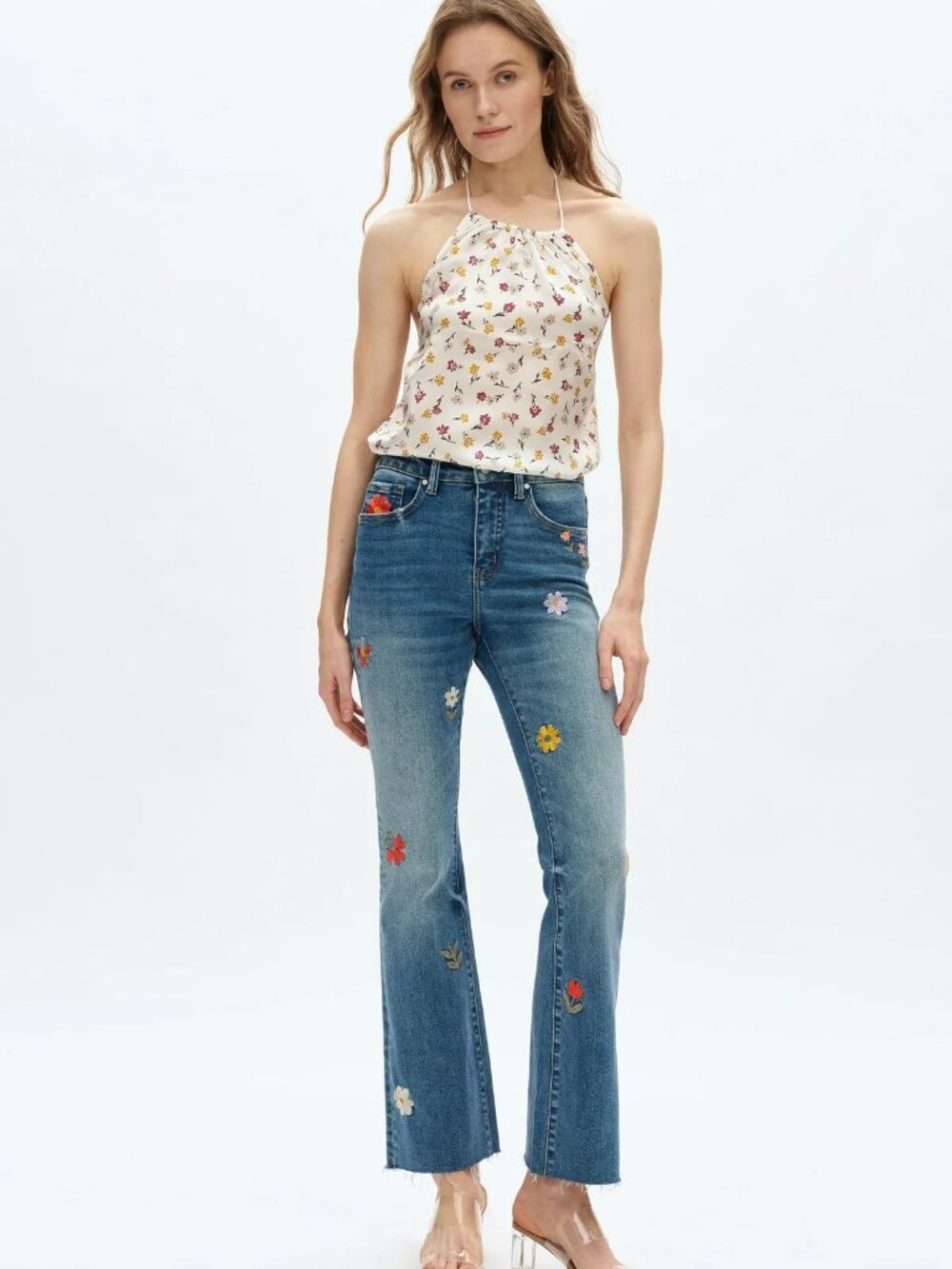 NWT Bayeas Flora Flower Child Mid Rise Embroidered Flare Jeans - Picture 2 of 9